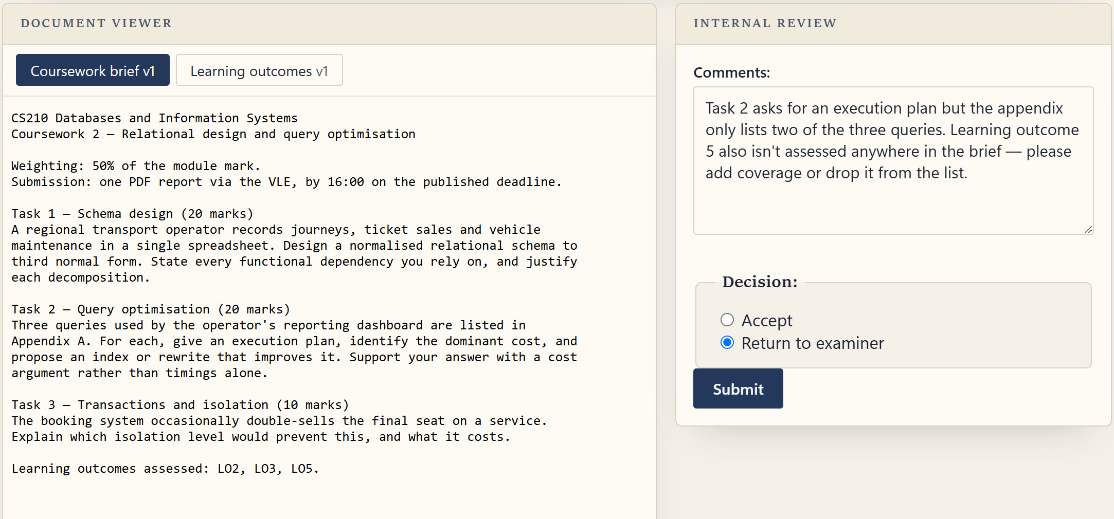 An internal reviewer's screen in BriefCycle: the coursework brief
                    open in the document viewer on the left, with tabs for the brief and
                    the learning outcomes; on the right a comments box explaining that a
                    task references a missing appendix and that one learning outcome is
                    unassessed, with the decision set to return the work to the examiner.